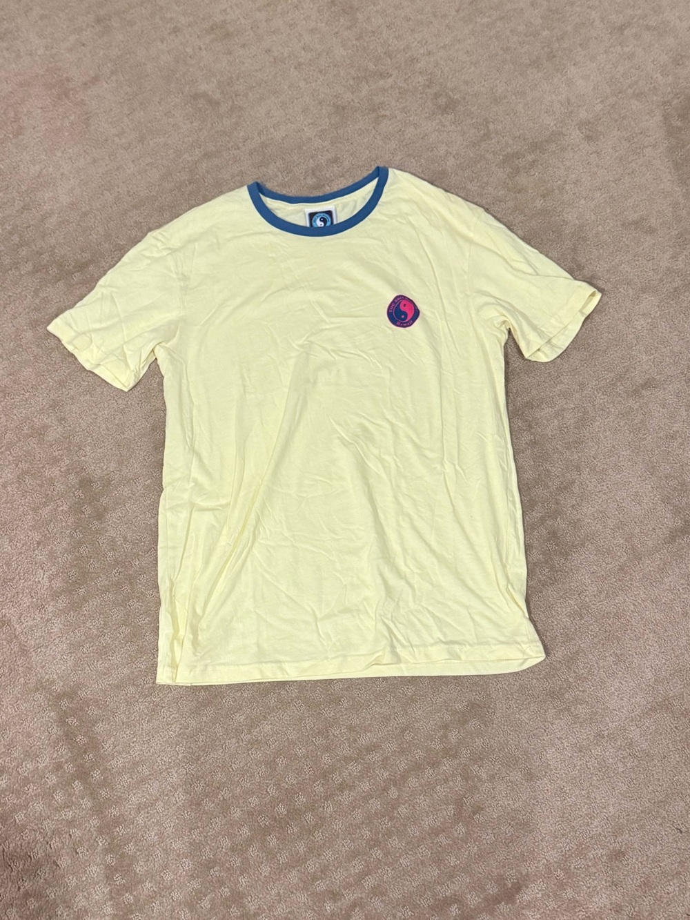 NEVER WORN Yellow Crewneck T-Shirt with Blue Trim and Yin-Yang Patch
